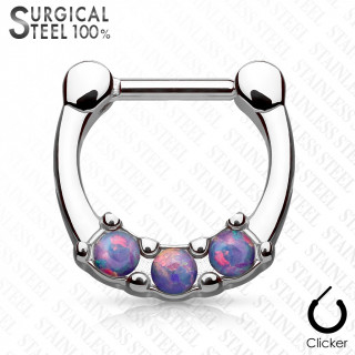 Piercing septum acier serti de trois Opales pourpres