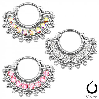 Piercing septum argenté et serti à clip style éventail