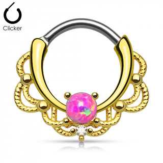 Piercing septum doré à design cordage sertie d'une Opale rose
