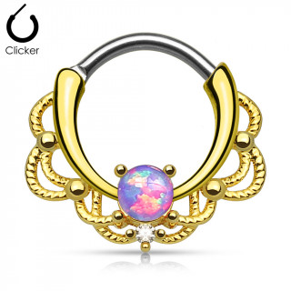 Piercing septum dor  design cordage sertie d'une Opale violette