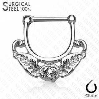 Piercing septum en acier dcor d'une rose avec ses feuilles