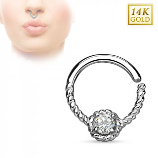 Piercing septum en or blanc 14 carats style cordage avec zirconium