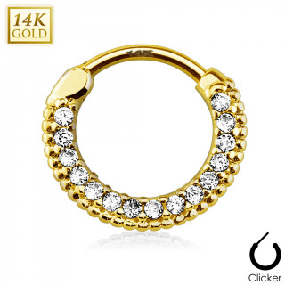 Piercing septum en or jaune 14 carats cercl de strass  bords perls