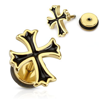 Piercing style faux plug croix patte dore et noire