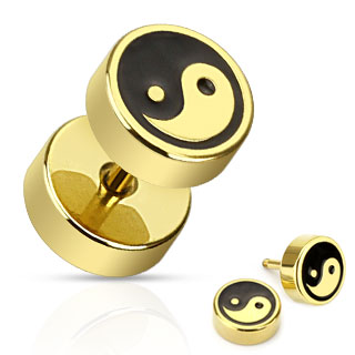 Piercing style faux plug dor et noir avec Yin et Yang