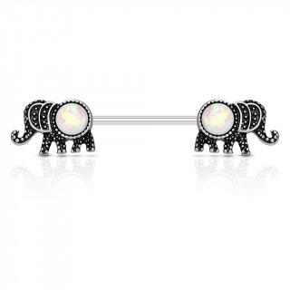 Piercing téton à duo d'éléphants à opales blanches