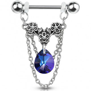 Piercing téton à trio de fleurs, chaines et cristal - Bleu