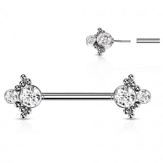 Piercing teton acier push-in double strass perl