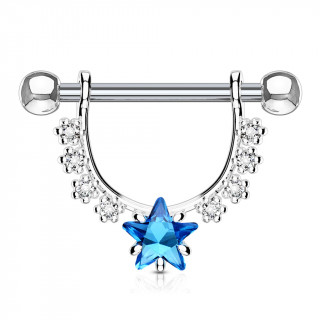 Piercing téton à arc de fleurs et étoile strass bleue