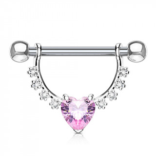 Piercing tton  arc fleuri et gros coeur strass rose