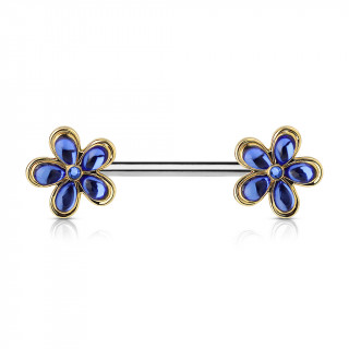 Piercing tton barre acier petites fleurs bleues et dores  cinq ptales