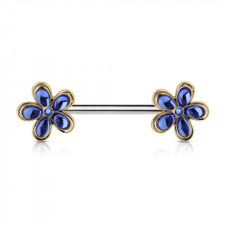 Piercing téton barre acier petites fleurs bleues et dorées à cinq pétales