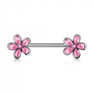 Piercing tton barre acier petites fleurs roses  cinq ptales