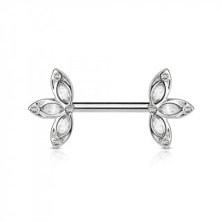 Piercing tton barre acier trois ptales claires serties de cristaux