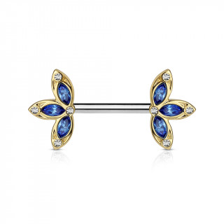 Piercing tton barre acier trois ptales dores et bleues serties de cristaux