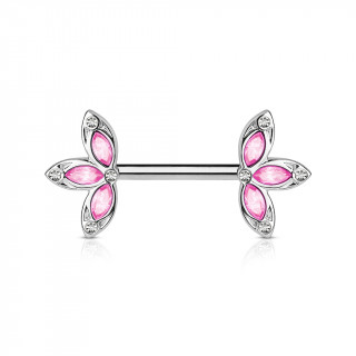 Piercing tton barre acier trois ptales roses serties de cristaux