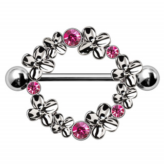 Piercing téton bouclier couronne de fleurs strass roses