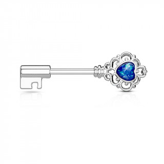 Piercing téton clé baroque à coeur d'opale - Bleu