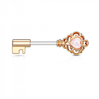 Piercing téton clé baroque cuivrée à coeur d'opale