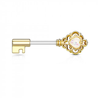 Piercing téton clé baroque dorée à coeur d'opale