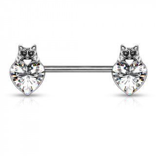 Piercing téton à coeur cristal et tête de chat - Clair