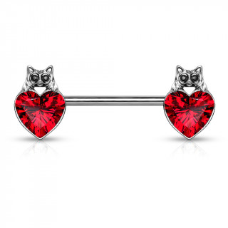 Piercing téton à coeur cristal et tête de chat - Rouge