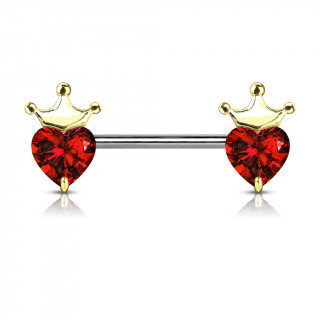 Piercing téton à coeurs zirconium couronnés dorés