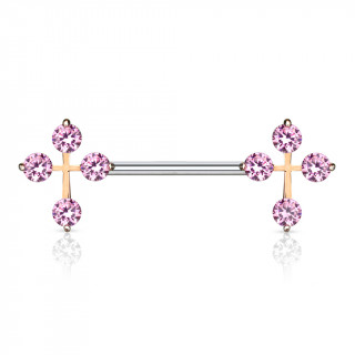 Piercing téton à croix latines cuivrées serties de pierres roses