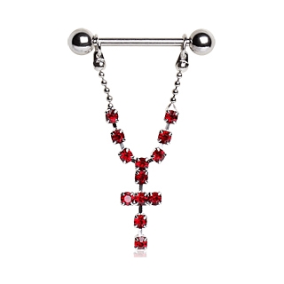Piercing téton à croix strass suspendue - Rouge
