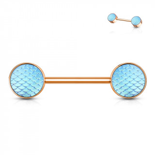 Piercing téton cuivré à écailles style holographique bleues