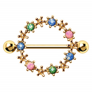 Piercing tton dor  couronne de fleurs strass multicolores