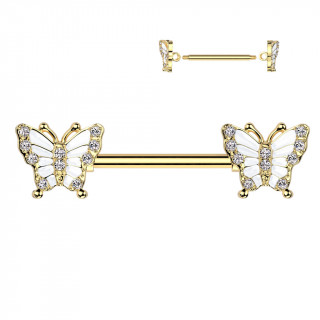 Piercing t�ton dor� � duo de papillons scintillants