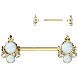 Piercing téton doré à embouts style miroir ancien perlé à zirconiums et opales