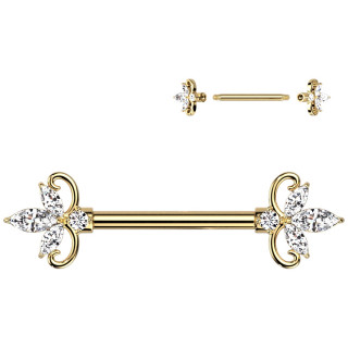 Piercing téton Doré fleurs à 3 pétales de zirconium