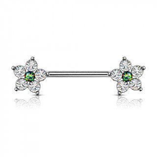 Piercing tton  embouts fleur zirconium et opale verte