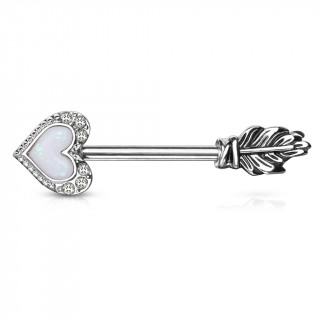 Piercing tton flche  pointe de coeur en Opale blanche