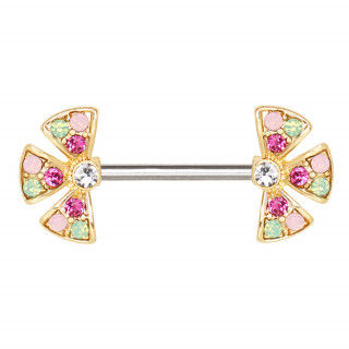 Piercing téton fleur dorée divisée à strass multicolores