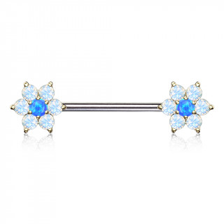 Piercing tton  fleurs de cristal et Opale  perles dores - bleu