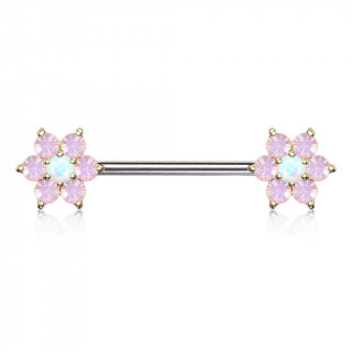 Piercing tton  fleurs de cristal et Opale  perles dores - rose et blanc