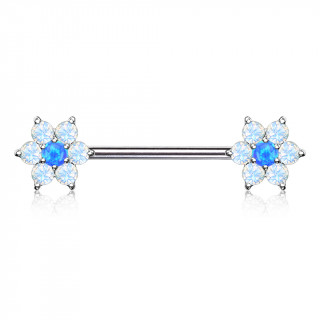 Piercing tton  fleurs de cristal et Opale  perles grises - bleu