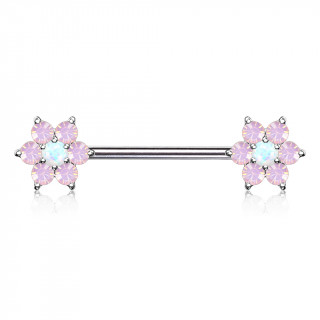 Piercing tton  fleurs de cristal et Opale  perles grises - rose et blanc