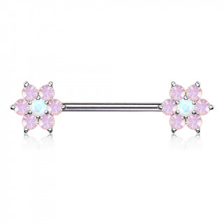 Piercing tton  fleurs de cristal et Opale  perles grises - rose et blanc