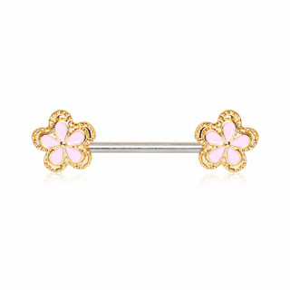 Piercing téton fleurs émaillées roses à contours dorés