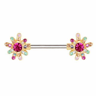 Piercing téton à fleurs strass dorées arc en ciel