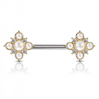 Piercing téton à losanges sertis de strass et perles - Doré