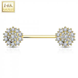 Piercing téton or jaune 14 carats à embouts ronds pavés de zirconiums