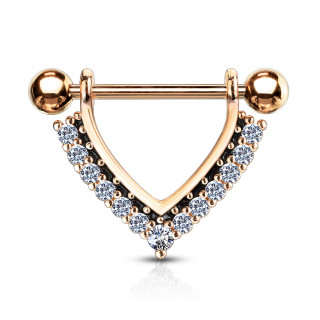 Piercing téton plaqué or rose à ornement en "V" pavé de strass