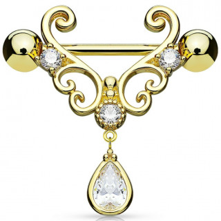 Piercing tton plaqu or  trio de coeurs en spirales et goutte strass