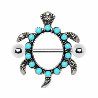 Piercing téton tortue de mer à perles bleu turquoise