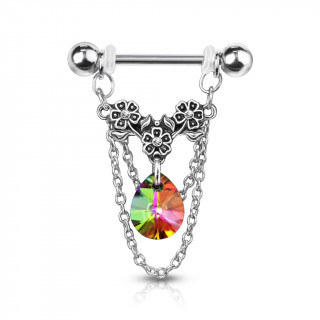 Piercing téton à trio de fleurs, chaines et cristal - Vitrail Medium